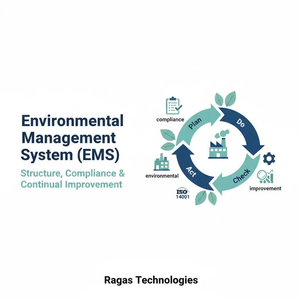 Environmental Management System (EMS) illustration with green leaves and sustainability icons